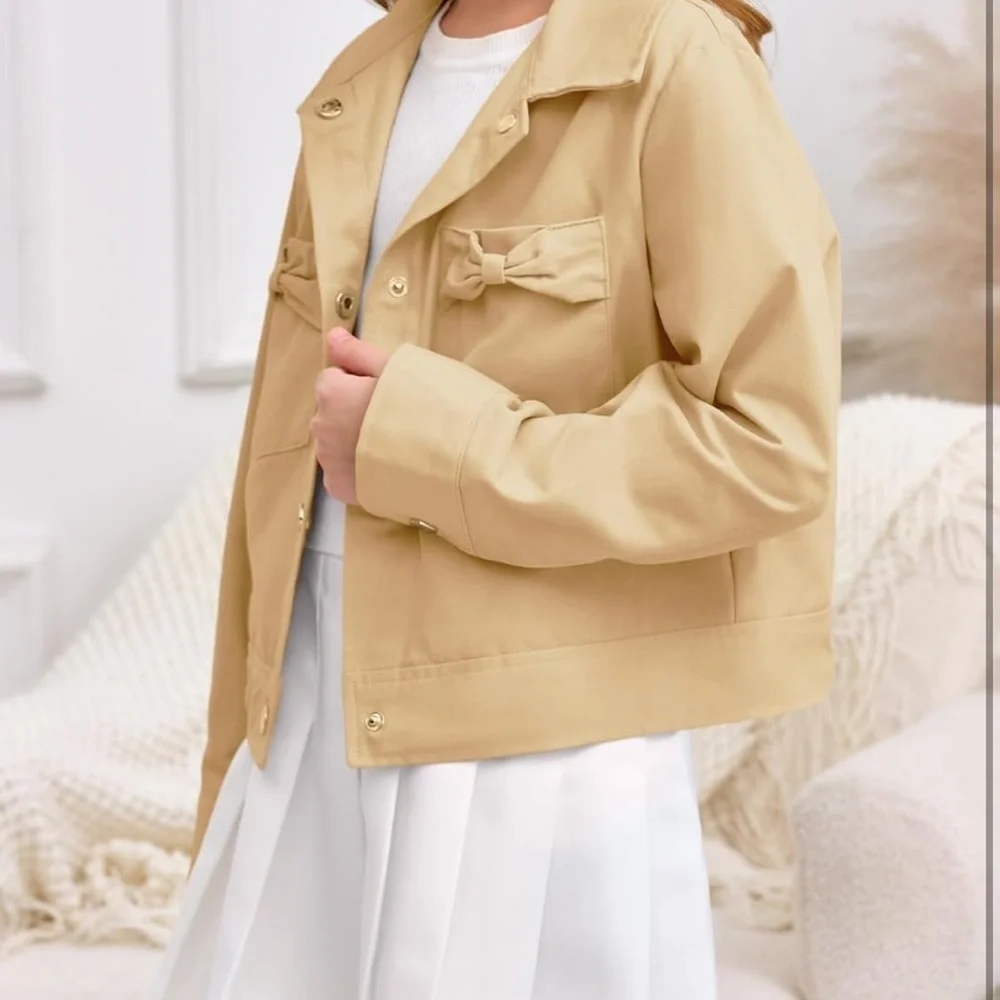 Girls Button Down Crop Jackets Kids Lapel Outerwear Clothes with Chest Pockets